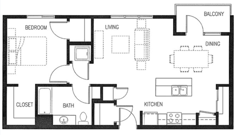 Floor plan for 1 bed, 1 bath, 766 sqft
